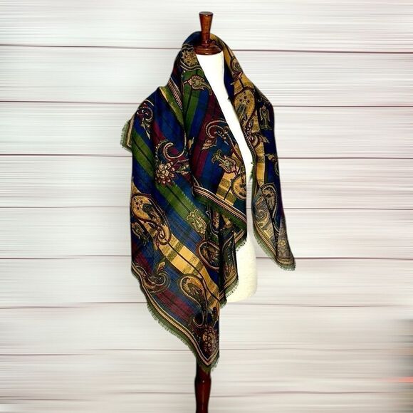 Albert Nipon Wool Square Scarf Shawl Green Blue Yellow Paisley 44x44” Vtg